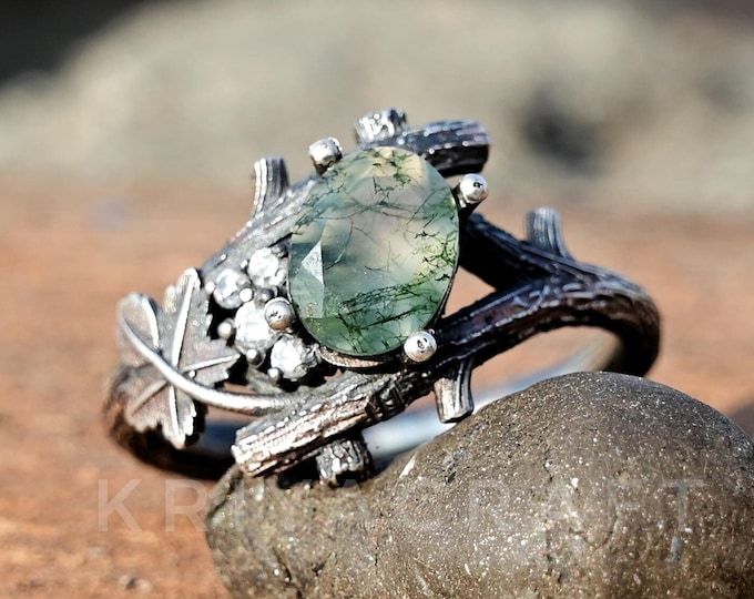 Natural Moss Agate Leaf Ring,925 Sterling Silver Ring, Nature Inspired design Band Ring, Oval Gemstone Ring, Engagement Ring, Gift For Women