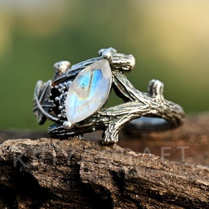Bague branche de feuille unique, bague en pierre de lune naturelle, bague en argent sterling 925, bague inspirée de la nature, bague de créateur en argent, cadeau de Saint-Valentin