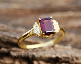 Natural Garnet Ring, 18k Gold Plated Sterling Silver, Women's Engagement Ring