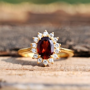 Garnet Ring, 18k Gold Plated Ring, Women Solitaire Ring, Dainty Silver Ring, Birthstone Ring, Unique Oval Cut Ring, Anniversary Gift for Her