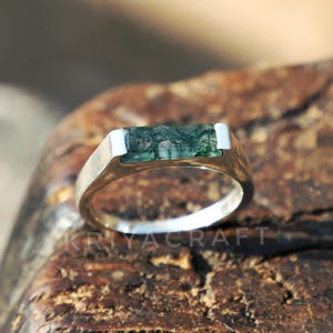 Herrenring aus Moosachat, 925er Sterlingsilber, rechteckiger Stabring, handgefertigter Solitärring, Verlobungsring, Hochzeitsgeschenk für ihn