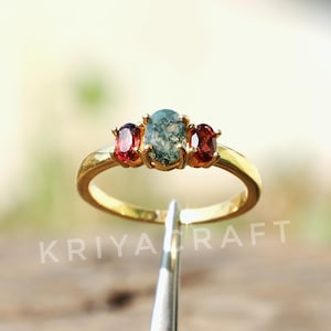 Natural Moss Agate With Garnet Ring, 18k Gold Plated, 925 Sterling Silver Ring, Solitaire Ring, Engagement Ring, Wedding Ring, Gift For Her