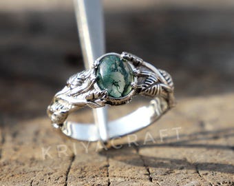 シルバーブランチモスアゲート＆ガーネットリング、925スターリング