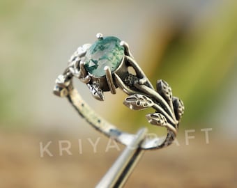 Leaves Moss Agate Ring, 925Sterling Silver  Nature Inspired Handmade Tree Branches Jewelry