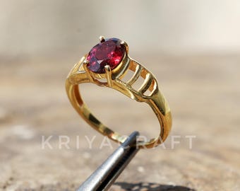 Red Garnet Ring, 18k Gold Plated 925 Sterling Silver Ring, Solitaire Women Ring, Birthstone Ring, Oval Gemstone Ring, Birthday Gift For Her