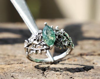 Bague en agate mousse taille marquise, branches en argent sterling, style bohème