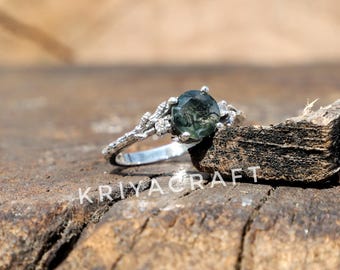 シルバーブランチモスアゲート＆ガーネットリング、925スターリング