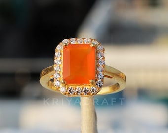 Emerald Cut Carnelian Ring, 18k Gold Plated Sterling Silver, Anniversary Gift