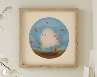 Fantasma de hojas de otoño / Impresión de arte acogedor / Ideas de regalos de Halloween / Impresión de arte Cottagecore / Pintura fantasma linda / Impresión de arte de pared de otoño / Arte cuadrado