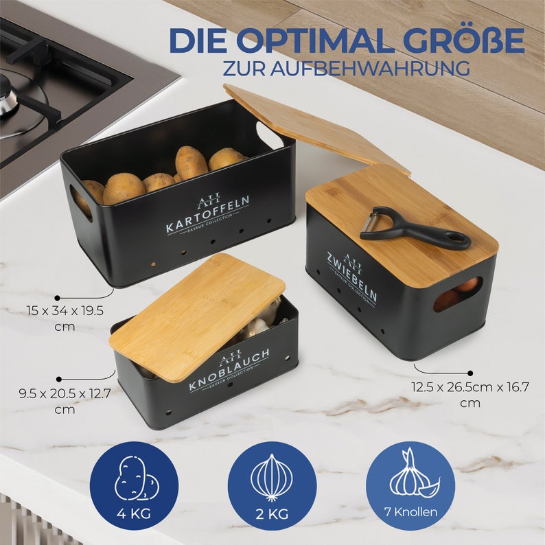 AH® Kartoffel Aufbewahrungsbox 3er Set inkl. Utensilienhalter aus Edelstahl-Vorratsdosen-Set Geeignet für Küche Aufbewahrung und Organisation Bild 3