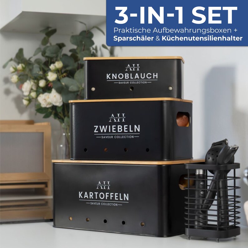 AH® Kartoffel Aufbewahrungsbox 3er Set inkl. Utensilienhalter aus Edelstahl-Vorratsdosen-Set Geeignet für Küche Aufbewahrung und Organisation Bild 7