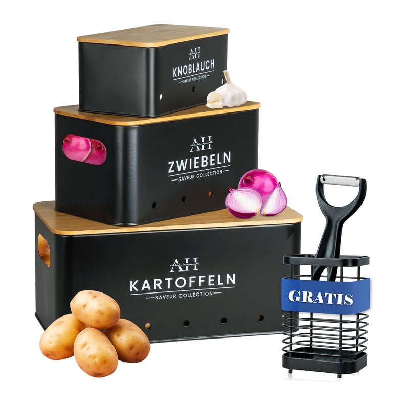 AH® Kartoffel Aufbewahrungsbox 3er Set inkl. Utensilienhalter aus Edelstahl-Vorratsdosen-Set Geeignet für Küche Aufbewahrung und Organisation Bild 1
