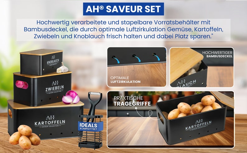 AH® Kartoffel Aufbewahrungsbox 3er Set inkl. Utensilienhalter aus Edelstahl-Vorratsdosen-Set Geeignet für Küche Aufbewahrung und Organisation Bild 4