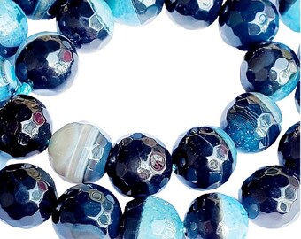 Blue Black Multi Agate Faceted Large Round Ball 12mm Gemstone Beads Strand