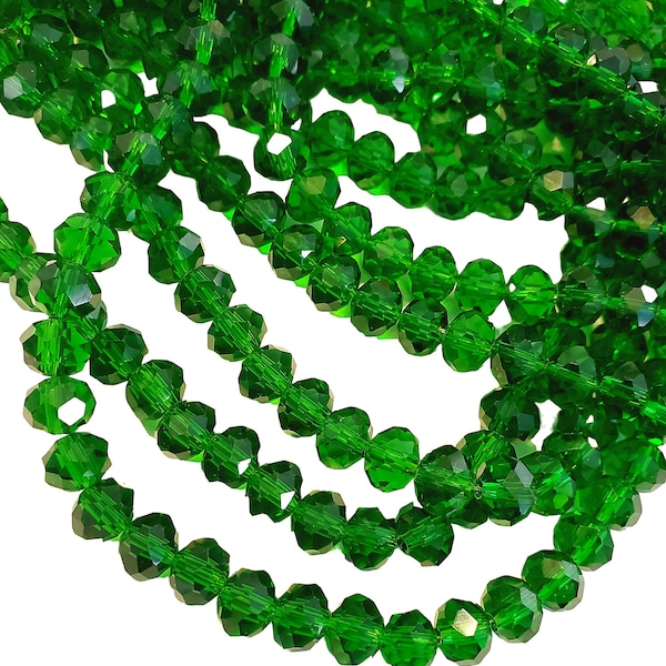 Dark Green Faceted Glass Rondelle Beads Strand 6x8mm