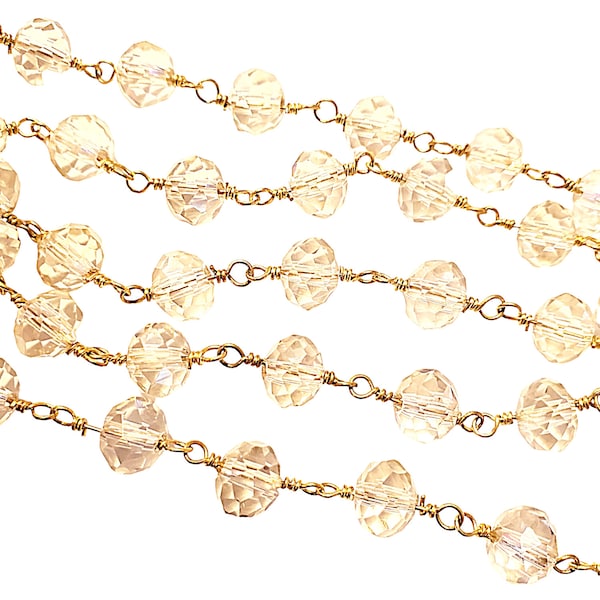 Champagne Faceted Glass Rondelle Gold Rosary Chain 6x8mm Link Chain Bulk per foot
