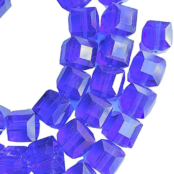 Royal Blue Translucent Faceted Glass Square Cube Beads Half Strand 8mm