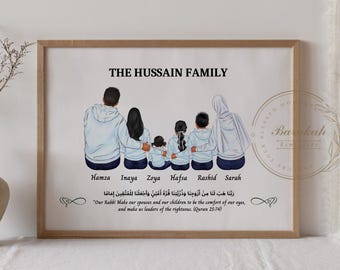 May include: A framed illustration of a family of six, with the text "THE HUSSAIN FAMILY" at the top. The family members are standing in a line, with their arms around each other. The names of each family member are written below their image. The illustration is in a light blue and white color scheme. The text below the family portrait is in Arabic.