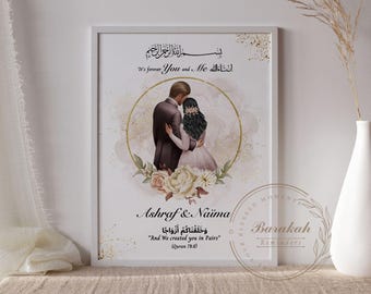 Muslim Couple Wedding Gift, Nikah Gift, Muslim Wedding Invitation, Islamic Wedding Gift, Muslim Couple Portrait, Islamic Wall Art