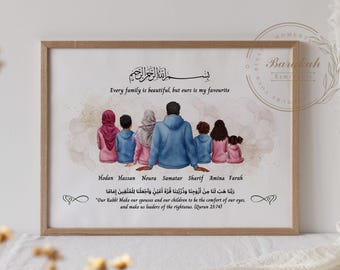 Personalised Muslim Family Print, Eid Gift, Islamic Print, Islamic Wall Art, Custom Illustration, Faceless Portrait, Hijabi Gifts,
