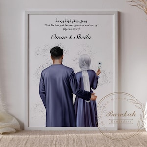 Muslim Couple Print, Personalised Wedding Gift, Anniversary Gift, Nikkah Gift, Muslim Wedding Print, Islamic Wall Art, Islamic Couple Gift
