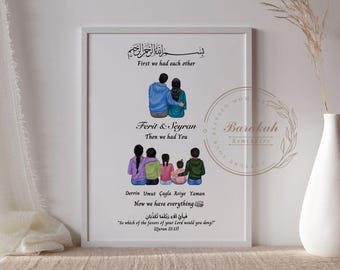 May include: A framed print with a watercolor illustration of a family. The parents are standing in the back, holding hands, and the children are sitting in front of them. The text reads "First we had each other, Ferit & Seyran, Then we had you, Derrin Umut Çagla Asiye Yaman, Now we have everything, فَبِأَيِّ آلَاءِ رَبِّكُمَا تُكَذِّبَانِ, "So which of the favors of your Lord would you deny?" (Quran 55:13)"