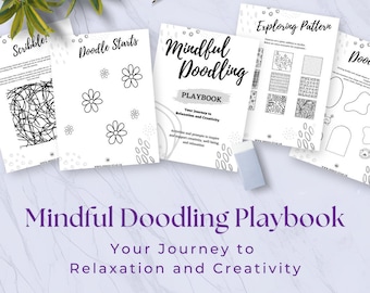 Peut inclure: Un gros plan sur un livre intitulé "Mindful Doodling Playbook : Votre voyage vers la relaxation et la créativité". La couverture du livre présente un motif de gribouillis noir et blanc avec les mots "Mindful Doodling" en gros caractères gras.