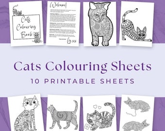 10 Cat Colouring Sheets, Cat Printable, Cat Activity, Adult and Children Colouring, Printable Colouring Sheets, Instant Download