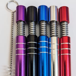 5x Metal One Hitters Spring Loaded 1 Hit Pipes 3.20&quot; Long, 0.32&quot; Purple Black Blue Silver Red Variety Pack with Striping and Pipe Cleaner