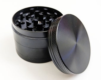 4 Piece Aluminum 1.92" Wide 1.48" Tall Metal Magnetic Tobacco Herb Kitchen Spice Grinder Crusher Black 4 Chambers with Scraper
