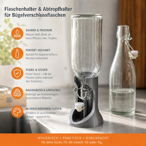 Könnte beinhalten: Ein grauer Flaschentrockenständer mit einer durchsichtigen Glasflasche und einer Glasflasche mit Bügelverschluss. Der Ständer ist so konzipiert, dass er Flaschen hält und trocknen lässt. Text auf dem Bild lautet "SAUBER & TROCKEN" und "IN VERSCHIEDENEN FARBEN".