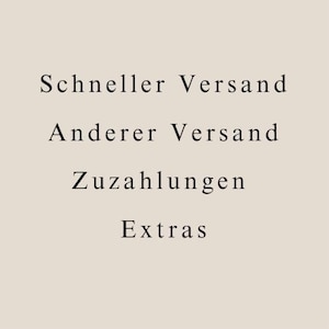 Könnte beinhalten: Text auf weißem Hintergrund, der "Schneller Versand", "Anderer Versand", "Zuzahlungen" und "Extras" lautet.