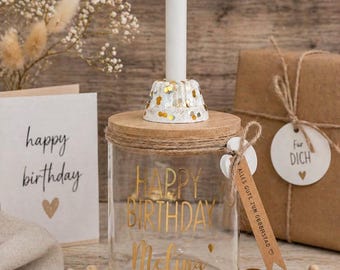Geschenkglas / Bonbonglas zum selberbefüllen "Happy Birthday, "Pustekuchen"
