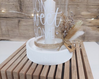 Lantern glass candle light fluted white for stick candles "Home sweet Home"