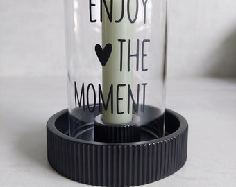 Lantern glass candle light black for short stick candles "Enjoy The Moment"