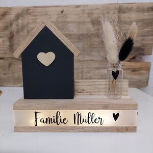 Black house illuminated with heart, desired name, glass vase of dried flowers in a wooden frame, personalized gift set for moving in/friends/home image 1