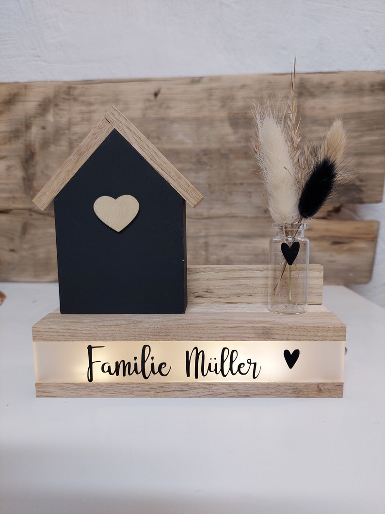 Black house illuminated with heart, desired name, glass vase of dried flowers in a wooden frame, personalized gift set for moving in/friends/home image 1