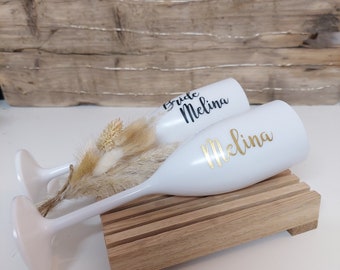 Personalized champagne glasses to go/name/team/bride