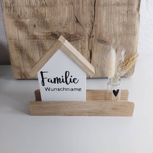 House with desired name, glass vase of dried flowers as a set in a wooden frame, personalized gift set for moving in/friends/home