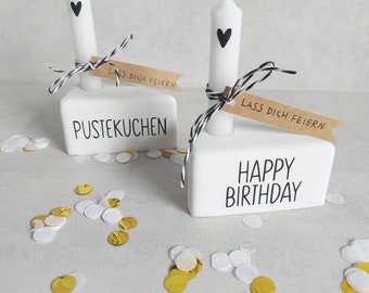 Tortenstück Kuchen zum Geburtstag "Happy Birthday" oder "Pustekuchen"