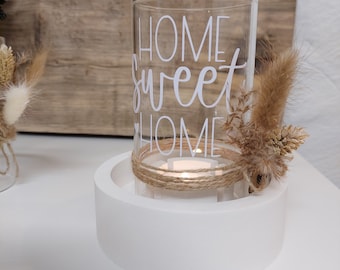 Lantern glass candle light for tea lights and candlesticks 2 in 1 "HOME sweet HOME" or "Enjoy the Moment" in black, white or gold