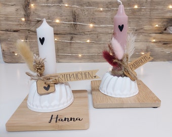 Gugelhupf "Pustekuchen" Kerzen Set groß mit kleiner Kerze (weiß, grün rosa) Trockenblumen personalisiert auf Holzuntersetzer
