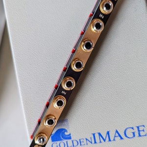 May include: A black and red circuit board with eight gold-coloured audio jacks labelled "IN" and "8 LEAD".