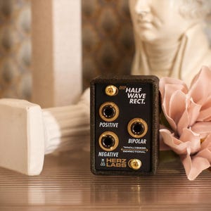 May include: A black electronic device with gold accents and the text "HALF WAVE RECT." and "POSITIVE", "NEGATIVE", and "BIPOLAR". The device has several input jacks and the Herz Labs logo. A pink flower and a white statue are in the background.