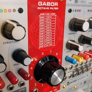 Può includere: Primo piano di un modulo di sintetizzatore modulare con una piastra frontale rossa con l'etichetta "GABOR OCTAVE FILTER". Presenta manopole, una tabella di filtri passa-banda e il logo Herzlich. Il modulo fa parte di un sistema di musica elettronica.