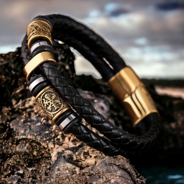 Handcrafted Men's Viking-Inspired Leather Bracelet with Stainless Steel Norse Runes - Braided Design - Unique Couple's Jewellery Gift