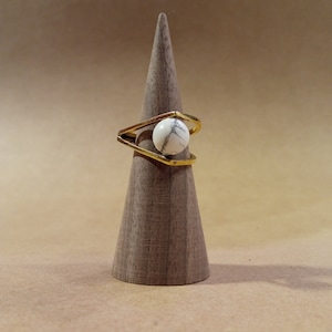 CLEAR LINE geometric brass ring with white howlite stone, carrara marble like, semi precious stone, natural gemstone