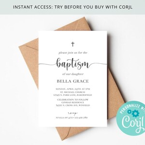 Baptism Minimalist Cross Invitation , Gender Neutral , Black and White Invite , Editable & Printable on Corjl
