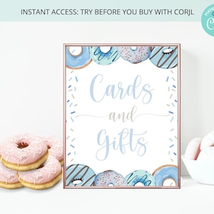 Donut Birthday Sign , Cards and Gifts , Donut Birthday Theme , Pastel Blue Donuts and Sprinkles , Editable on Corjl
