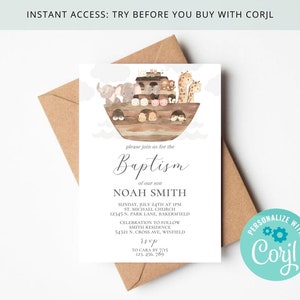May include: Baptism invitation featuring an illustration of Noah's Ark with animals. The invitation includes the text "Baptism of our son" and event details. The invitation is on a white background with a brown envelope.